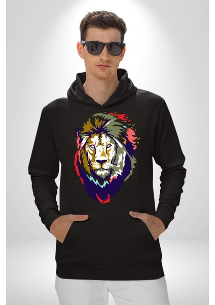 Kahin Rengarenk Havalı Aslan Kadın Erkek Baskılı Üç Iplik Siyah Kapüşonlu Hodie Sweatshirt modelleri