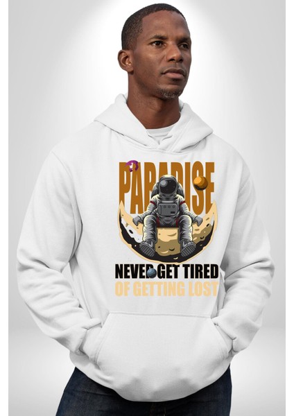 Kaybolmaktan Asla Bıkma Astronot Kadın Erkek Baskılı Üç Iplik Beyaz Kapüşonlu Hodie Sweatshirt