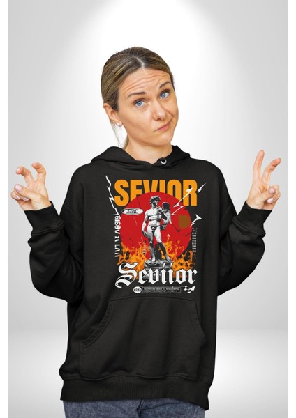 Kıdemli Yunan Tanrısı Antik Heykel Kadın Erkek Baskılı Üç Iplik Siyah Kapüşonlu Hodie Sweatshirt