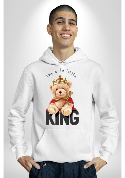 Kral Taçlı Oyuncak Ayı Kadın Erkek Baskılı Üç Iplik Beyaz Kapüşonlu Hodie Sweatshirt fiyatları