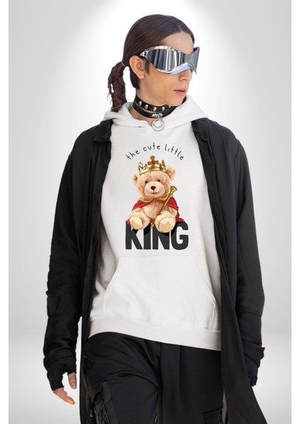 Kral Taçlı Oyuncak Ayı Kadın Erkek Baskılı Üç Iplik Beyaz Kapüşonlu Hodie Sweatshirt fırsatları