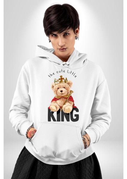 Kral Taçlı Oyuncak Ayı Kadın Erkek Baskılı Üç Iplik Beyaz Kapüşonlu Hodie Sweatshirt indirimleri