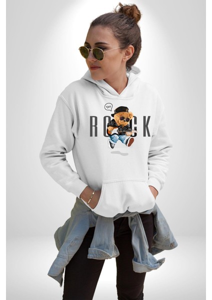 Rock Oyuncak Tatlı Ayı Kadın Erkek Baskılı Üç Iplik Beyaz Kapüşonlu Hodie Sweatshirt