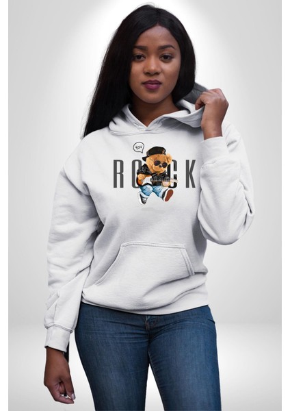Rock Oyuncak Tatlı Ayı Kadın Erkek Baskılı Üç Iplik Beyaz Kapüşonlu Hodie Sweatshirt fiyatları