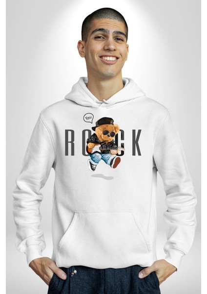 Rock Oyuncak Tatlı Ayı Kadın Erkek Baskılı Üç Iplik Beyaz Kapüşonlu Hodie Sweatshirt modelleri