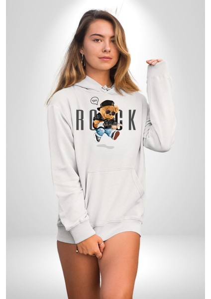 Rock Oyuncak Tatlı Ayı Kadın Erkek Baskılı Üç Iplik Beyaz Kapüşonlu Hodie Sweatshirt fırsatları
