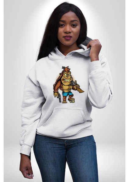 Teksaslı Savaşçı Goril Kadın Erkek Baskılı Üç Iplik Beyaz Kapüşonlu Hodie Sweatshirt fiyatları
