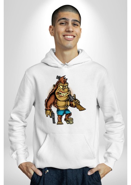 Teksaslı Savaşçı Goril Kadın Erkek Baskılı Üç Iplik Beyaz Kapüşonlu Hodie Sweatshirt modelleri
