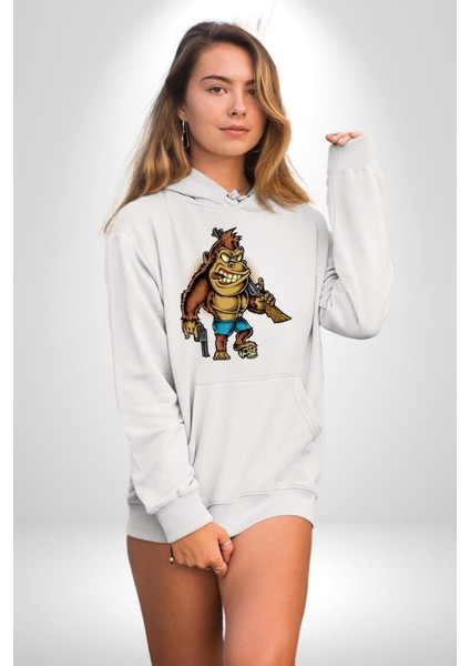 Teksaslı Savaşçı Goril Kadın Erkek Baskılı Üç Iplik Beyaz Kapüşonlu Hodie Sweatshirt fırsatları