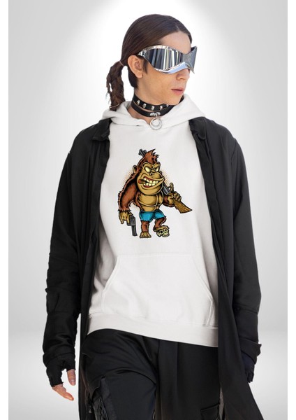 Teksaslı Savaşçı Goril Kadın Erkek Baskılı Üç Iplik Beyaz Kapüşonlu Hodie Sweatshirt indirimleri