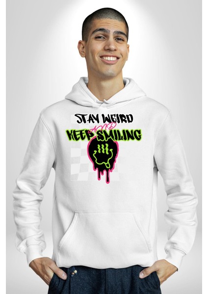 Tuhaf Kal Gülümsemeye Devam Et Kadın Erkek Baskılı Üç Iplik Beyaz Kapüşonlu Hodie Sweatshirt