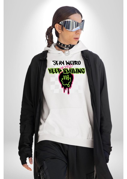 Tuhaf Kal Gülümsemeye Devam Et Kadın Erkek Baskılı Üç Iplik Beyaz Kapüşonlu Hodie Sweatshirt modelleri