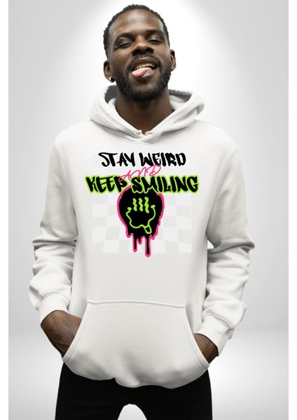Tuhaf Kal Gülümsemeye Devam Et Kadın Erkek Baskılı Üç Iplik Beyaz Kapüşonlu Hodie Sweatshirt indirimleri