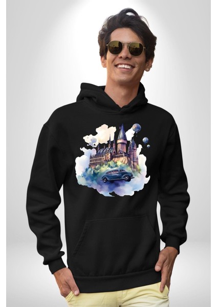 Şato Önünde Uçan Araba Kadın Erkek Baskılı Üç Iplik Siyah Kapüşonlu Hodie Sweatshirt