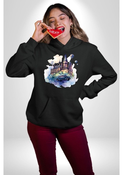 Şato Önünde Uçan Araba Kadın Erkek Baskılı Üç Iplik Siyah Kapüşonlu Hodie Sweatshirt