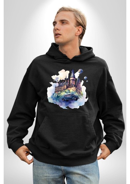 Şato Önünde Uçan Araba Kadın Erkek Baskılı Üç Iplik Siyah Kapüşonlu Hodie Sweatshirt