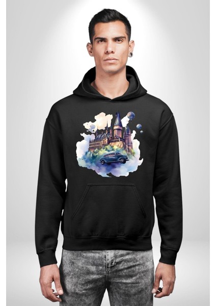 Şato Önünde Uçan Araba Kadın Erkek Baskılı Üç Iplik Siyah Kapüşonlu Hodie Sweatshirt