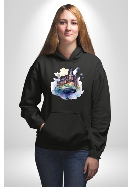 Şato Önünde Uçan Araba Kadın Erkek Baskılı Üç Iplik Siyah Kapüşonlu Hodie Sweatshirt