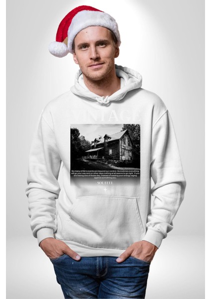 Vintage Dağ Evi Yalnızlık Kadın Erkek Baskılı Üç Iplik Beyaz Kapüşonlu Hodie Sweatshirt