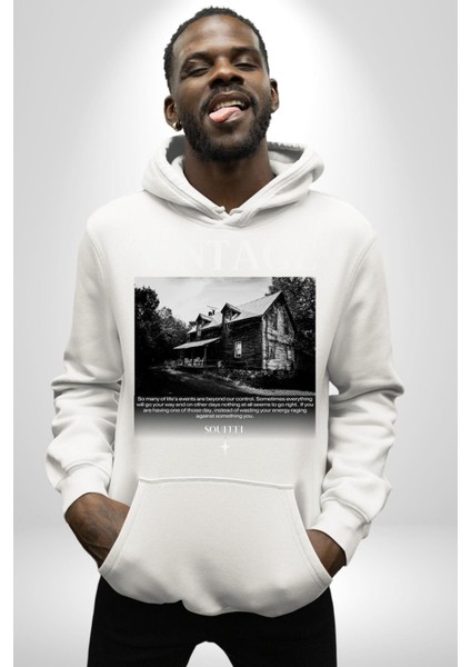 Vintage Dağ Evi Yalnızlık Kadın Erkek Baskılı Üç Iplik Beyaz Kapüşonlu Hodie Sweatshirt fiyatları