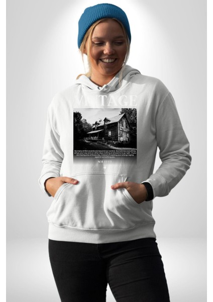 Vintage Dağ Evi Yalnızlık Kadın Erkek Baskılı Üç Iplik Beyaz Kapüşonlu Hodie Sweatshirt modelleri