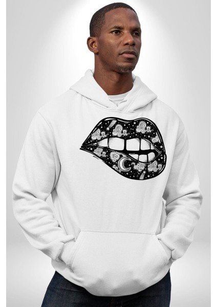 Dudağını Isıran Astral Sexy Kadın Erkek Baskılı Üç Iplik Beyaz Kapüşonlu Hodie Sweatshirt