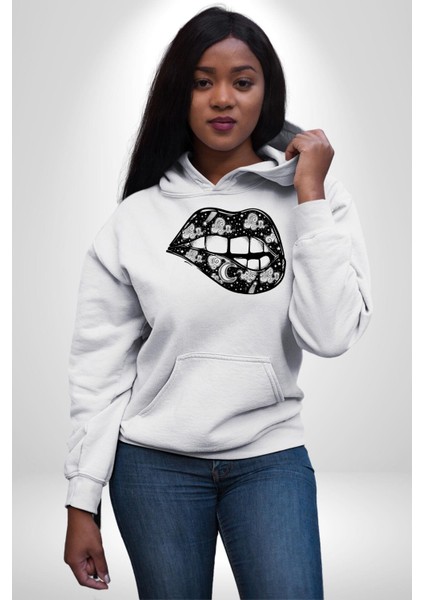 Dudağını Isıran Astral Sexy Kadın Erkek Baskılı Üç Iplik Beyaz Kapüşonlu Hodie Sweatshirt modelleri