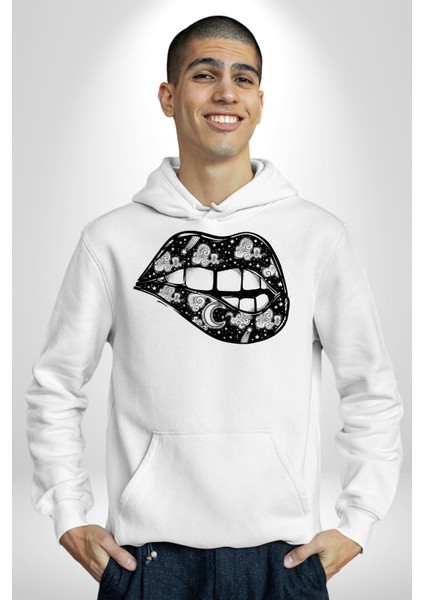 Dudağını Isıran Astral Sexy Kadın Erkek Baskılı Üç Iplik Beyaz Kapüşonlu Hodie Sweatshirt fırsatları
