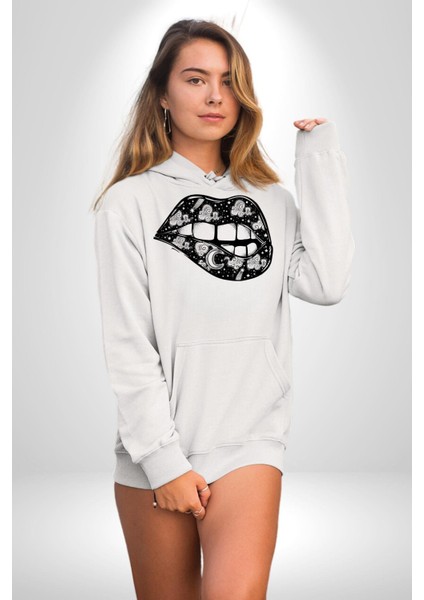 Dudağını Isıran Astral Sexy Kadın Erkek Baskılı Üç Iplik Beyaz Kapüşonlu Hodie Sweatshirt indirimleri