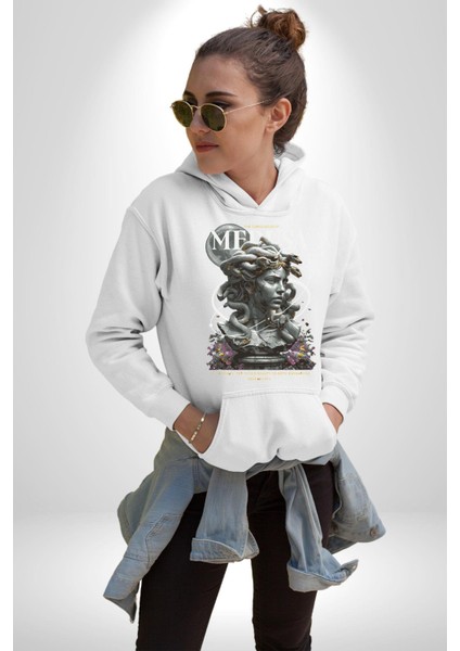 Yunan Mitolojisi Taşa Çeviren Medusa Kadın Erkek Baskılı Üç Iplik Beyaz Kapüşonlu Hodie Sweatshirt