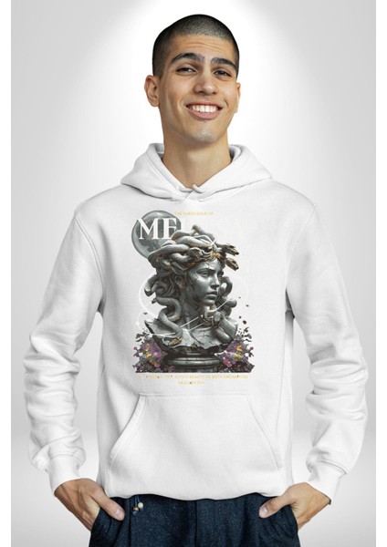 Yunan Mitolojisi Taşa Çeviren Medusa Kadın Erkek Baskılı Üç Iplik Beyaz Kapüşonlu Hodie Sweatshirt modelleri