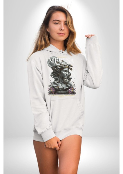 Yunan Mitolojisi Taşa Çeviren Medusa Kadın Erkek Baskılı Üç Iplik Beyaz Kapüşonlu Hodie Sweatshirt fırsatları