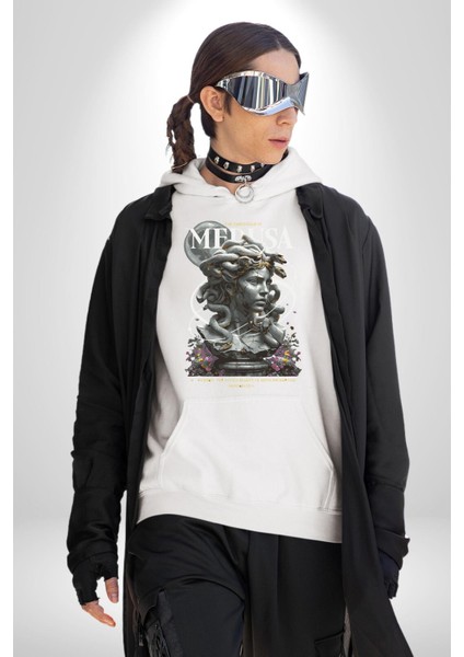 Yunan Mitolojisi Taşa Çeviren Medusa Kadın Erkek Baskılı Üç Iplik Beyaz Kapüşonlu Hodie Sweatshirt indirimleri