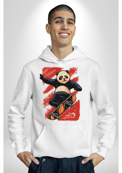 Kaykaycı Havalı Panda Kadın Erkek Baskılı Üç Iplik Beyaz Kapüşonlu Hodie Sweatshirt