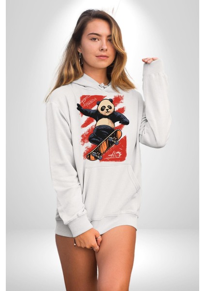 Kaykaycı Havalı Panda Kadın Erkek Baskılı Üç Iplik Beyaz Kapüşonlu Hodie Sweatshirt fiyatları