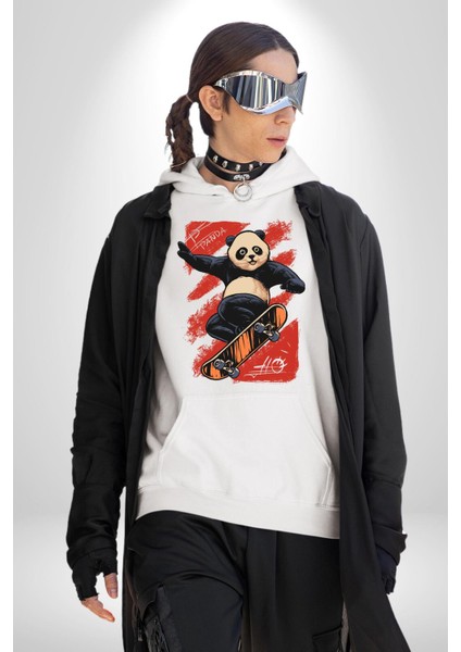 Kaykaycı Havalı Panda Kadın Erkek Baskılı Üç Iplik Beyaz Kapüşonlu Hodie Sweatshirt modelleri