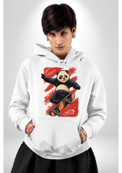 Kaykaycı Havalı Panda Kadın Erkek Baskılı Üç Iplik Beyaz Kapüşonlu Hodie Sweatshirt fırsatları