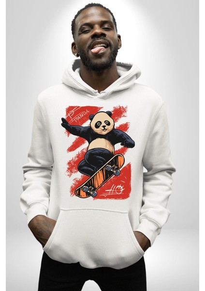 Kaykaycı Havalı Panda Kadın Erkek Baskılı Üç Iplik Beyaz Kapüşonlu Hodie Sweatshirt indirimleri