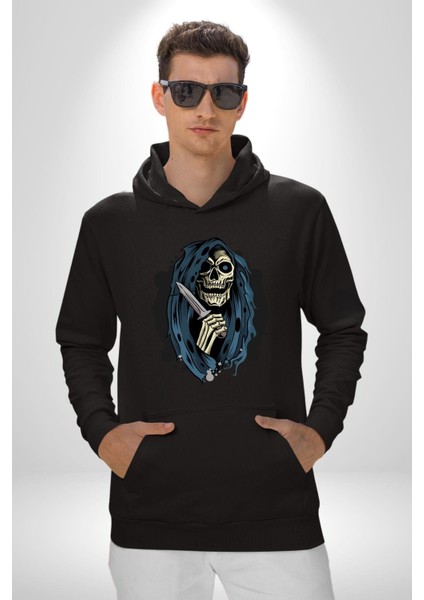 Bıçaklı Azrail Havalı Tasarım Kadın Erkek Baskılı Üç Iplik Siyah Kapüşonlu Hodie Sweatshirt modelleri