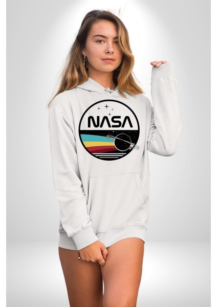 Uzay Satürn Logo Yıldızlar Kadın Erkek Baskılı Üç Iplik Beyaz Kapüşonlu Hodie Sweatshirt