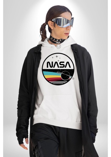 Uzay Satürn Logo Yıldızlar Kadın Erkek Baskılı Üç Iplik Beyaz Kapüşonlu Hodie Sweatshirt fiyatları