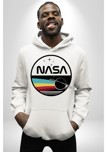 Uzay Satürn Logo Yıldızlar Kadın Erkek Baskılı Üç Iplik Beyaz Kapüşonlu Hodie Sweatshirt fırsatları