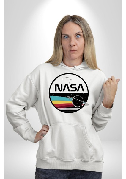 Uzay Satürn Logo Yıldızlar Kadın Erkek Baskılı Üç Iplik Beyaz Kapüşonlu Hodie Sweatshirt indirimleri