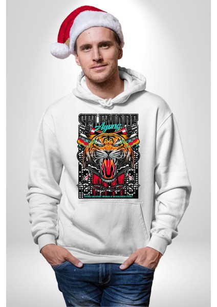 Kaplan Havalı Tasarım Kadın Erkek Baskılı Üç Iplik Beyaz Kapüşonlu Hodie Sweatshirt