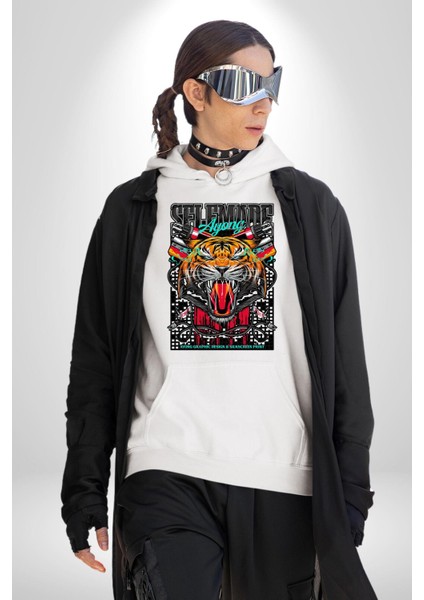 Kaplan Havalı Tasarım Kadın Erkek Baskılı Üç Iplik Beyaz Kapüşonlu Hodie Sweatshirt modelleri