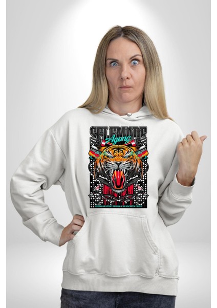 Kaplan Havalı Tasarım Kadın Erkek Baskılı Üç Iplik Beyaz Kapüşonlu Hodie Sweatshirt indirimleri