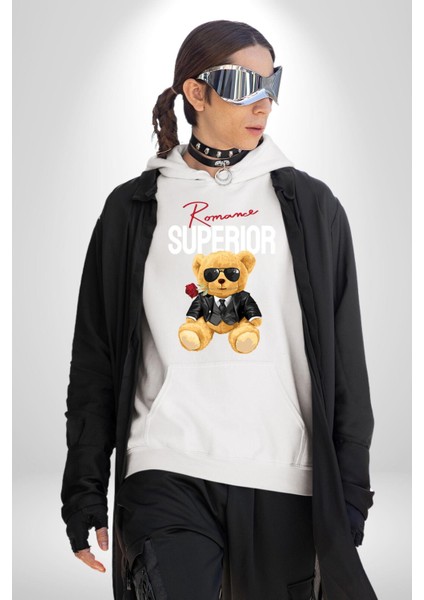 Romantik Oyuncak Ayı Kadın Erkek Baskılı Üç Iplik Beyaz Kapüşonlu Hodie Sweatshirt