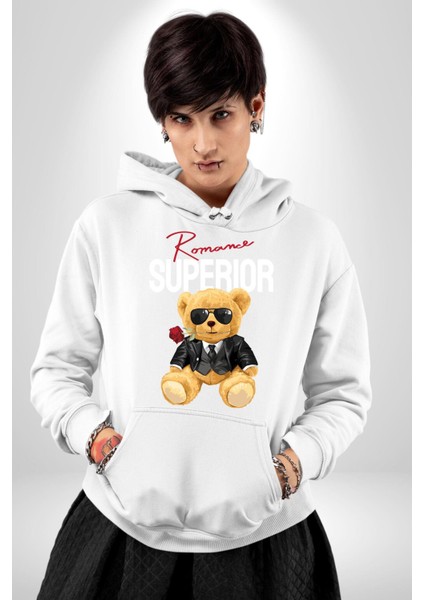 Romantik Oyuncak Ayı Kadın Erkek Baskılı Üç Iplik Beyaz Kapüşonlu Hodie Sweatshirt fiyatları