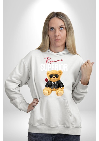 Romantik Oyuncak Ayı Kadın Erkek Baskılı Üç Iplik Beyaz Kapüşonlu Hodie Sweatshirt fırsatları