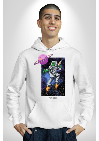 Astronot Uzaylı Savaşçı Satürn Kadın Erkek Baskılı Üç Iplik Beyaz Kapüşonlu Hodie Sweatshirt